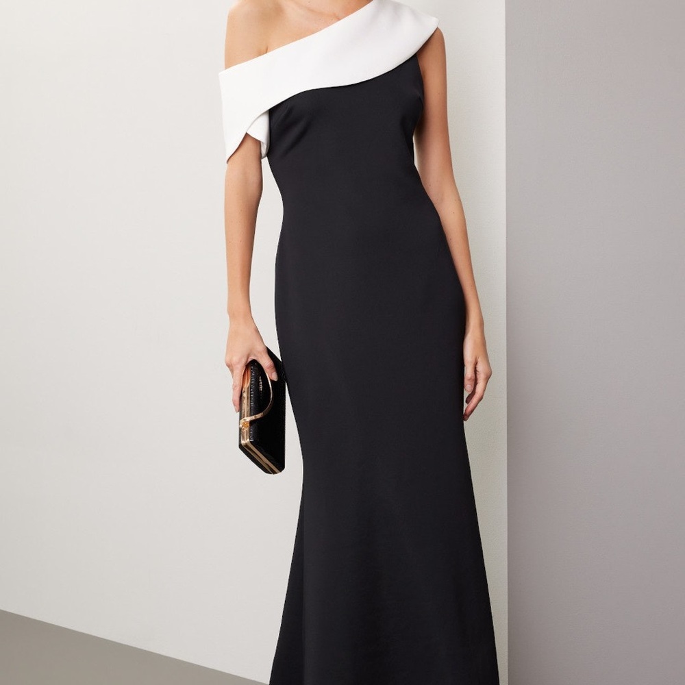 Badgley Mischka Black and White Asymmetrical Pleated Cocktail Dress